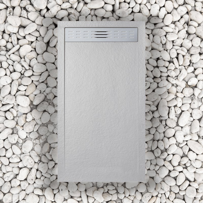 Brodzik 90x120 cm z kratką boczną Vulcano Line Slim Pearl Grey RAL 7035 z żywicy syntetycznej i proszku marmurowego z wolnym odpływem - FRASCIO