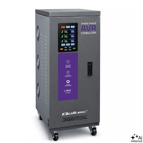Qoltec Trójfazowy stabilizator napięcia AVR MULTIPROTECTION 30kVA Dokładność ± 3% Serwomotor 3F LCD Expert Line 51909