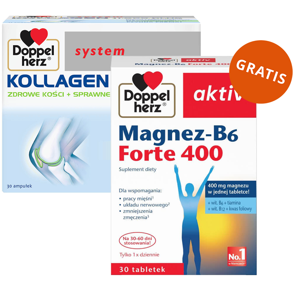 Doppelherz system Kollagen 11000 Plus, 25 ml x 30 ampułek + Magnez-B6 Forte 400, 30 tabletek gratis