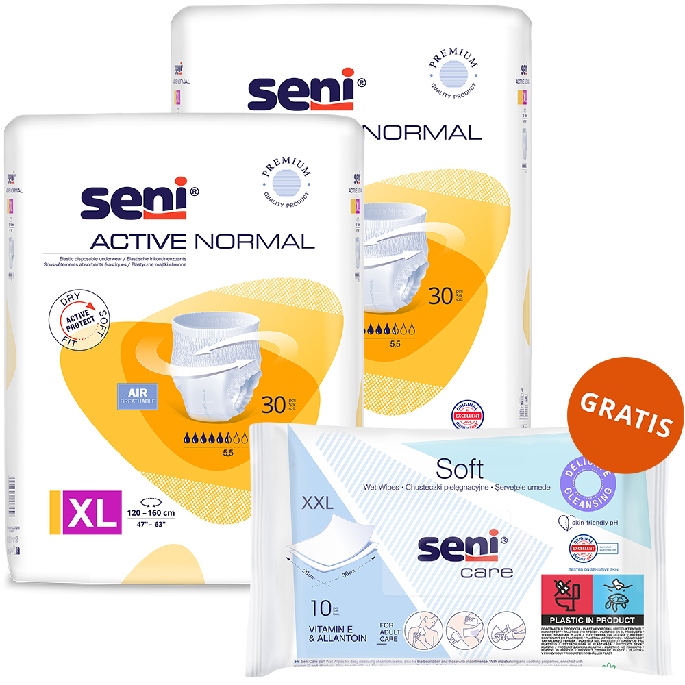 Zestaw Seni Active Normal, majtki chłonne, XL, 120-160 cm, 2 x 30 sztuk + chusteczki nawilżane, pielęgnacyjne, XXL, 10 sztuk gratis