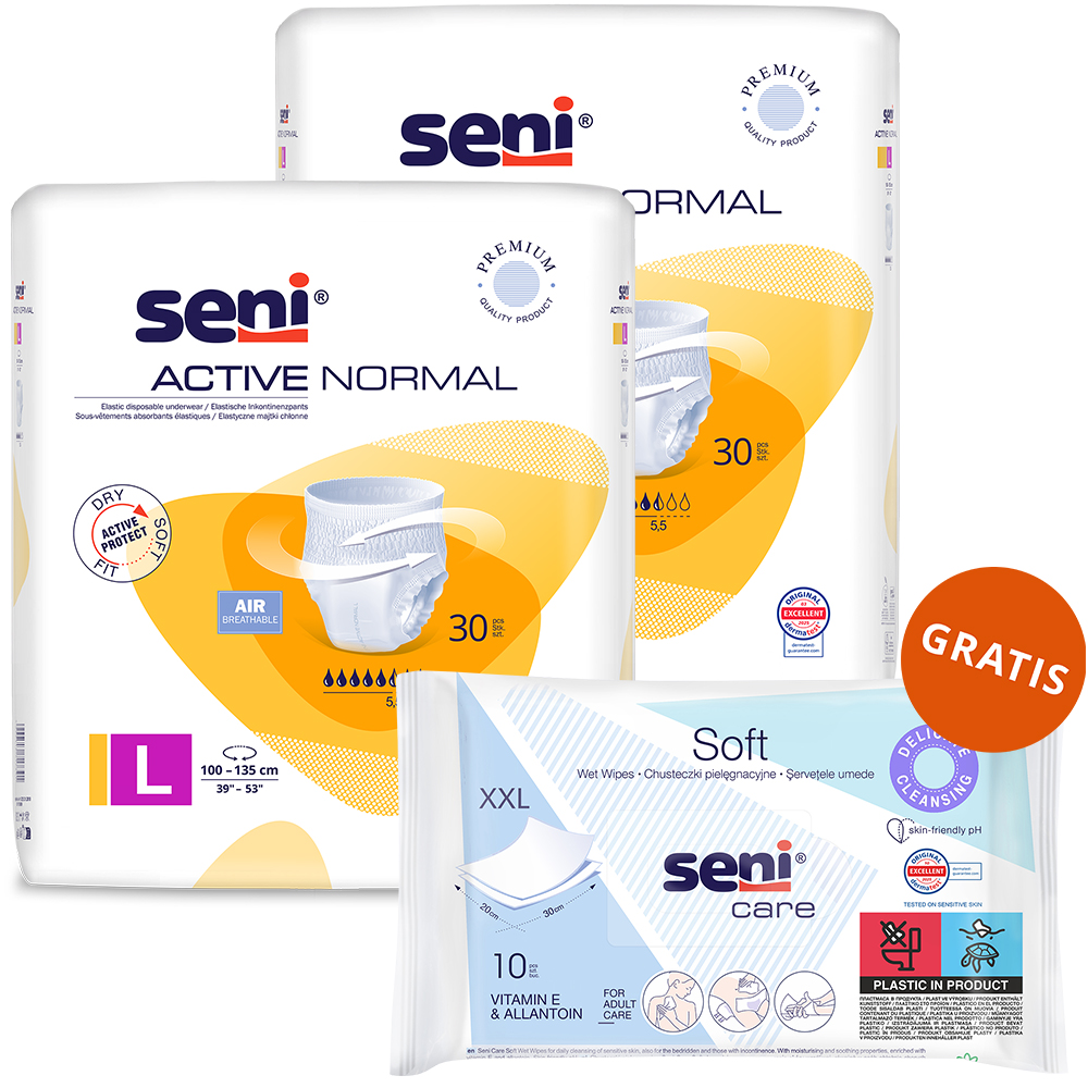 Zestaw Seni Active Normal, majtki chłonne, L, 100-135 cm, 2 x 30 sztuk + chusteczki nawilżane, pielęgnacyjne, XXL, 10 sztuk gratis