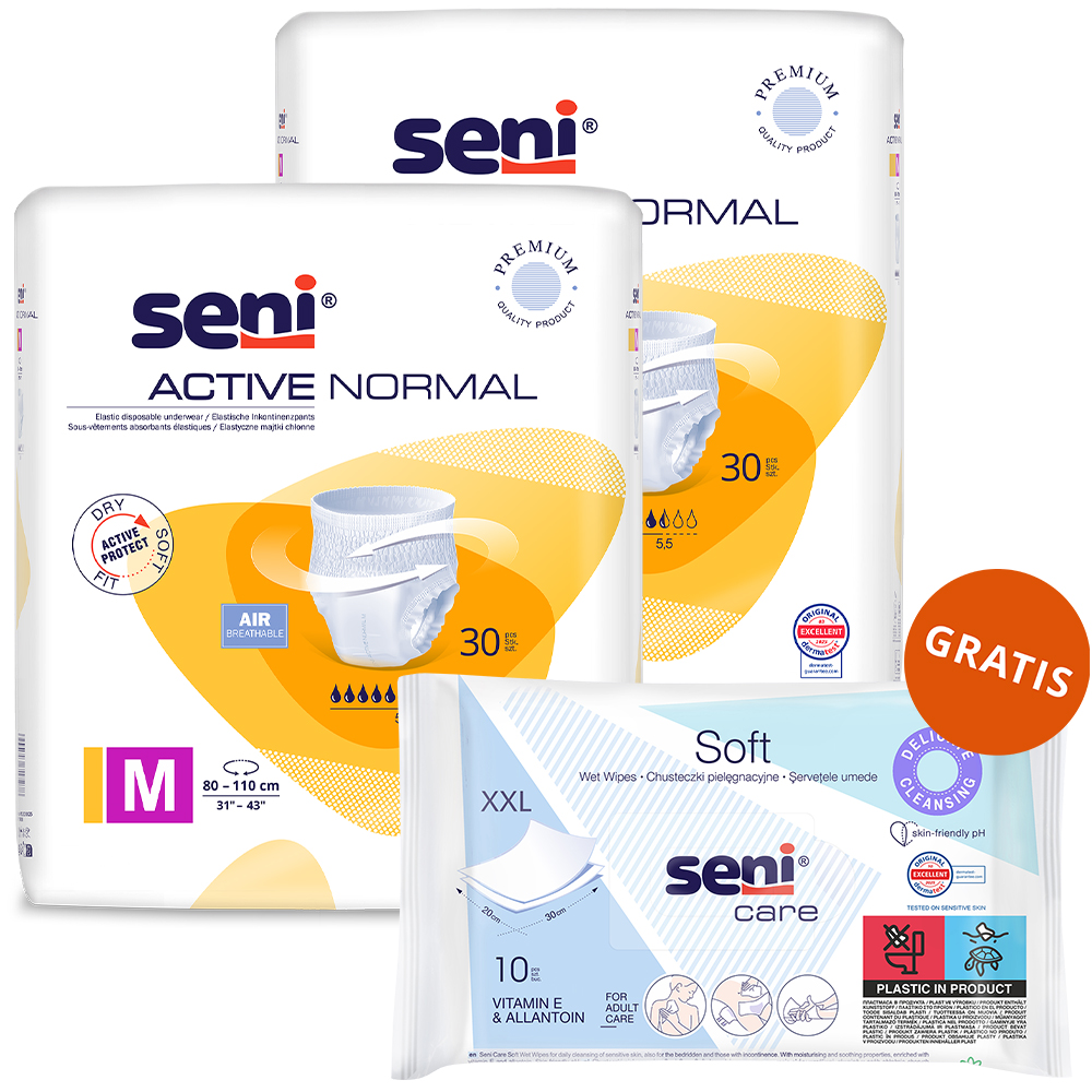 Zestaw Seni Active Normal, majtki chłonne, M, 80-110 cm, 2 x 30 sztuk + chusteczki nawilżane, pielęgnacyjne, XXL, 10 sztuk gratis