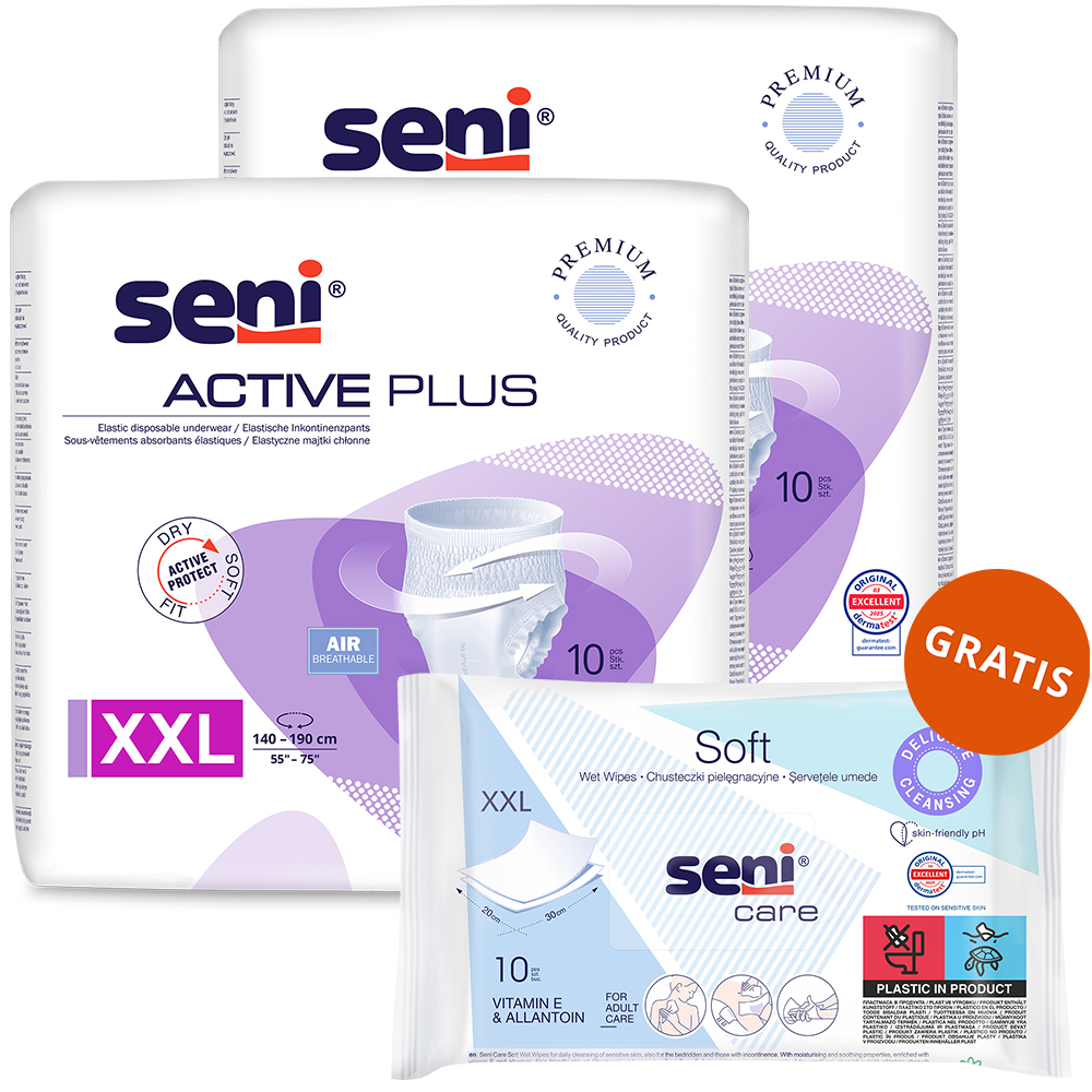 Zestaw Seni Active Plus, majtki chłonne, XXL, 140-190 cm, 2 x 10 sztuk + chusteczki nawilżane, pielęgnacyjne, XXL, 10 sztuk gratis