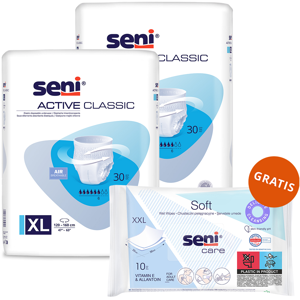 Zestaw Seni Active Classic, pieluchomajtki, XL, 2 x 30 sztuk + chusteczki nawilżane, pielęgnacyjne, XXL, 10 sztuk gratis