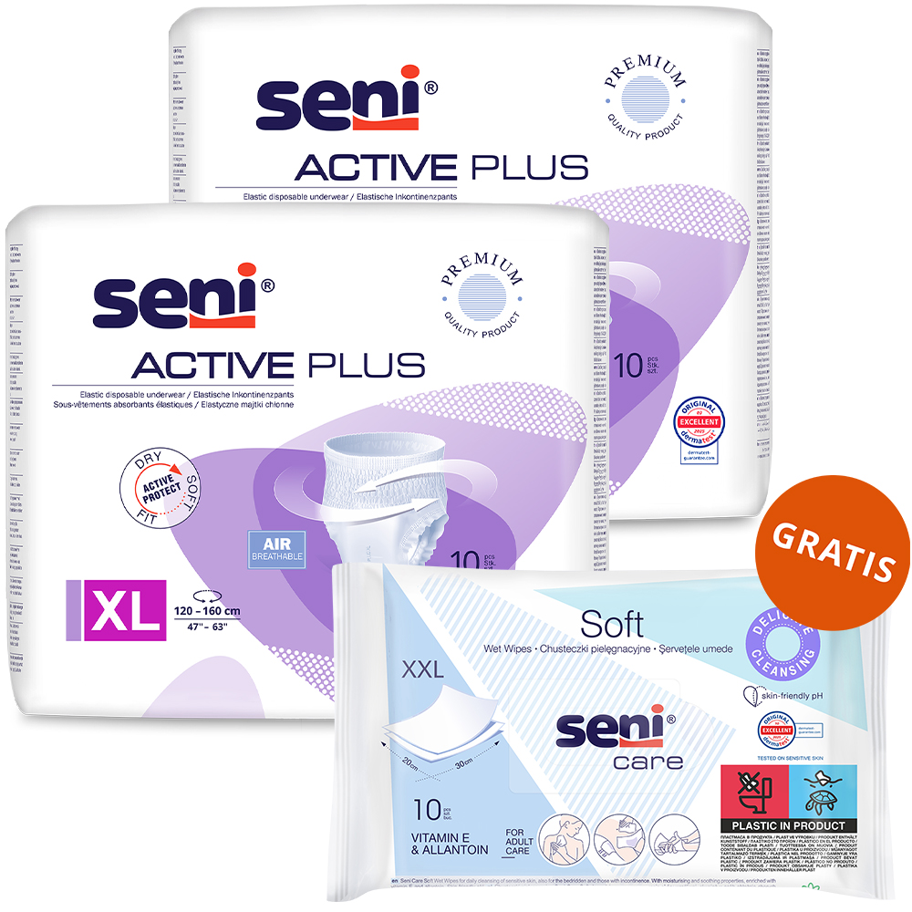 Zestaw Seni Active Plus, majtki chłonne, XL, 120-160 cm, 3 x 10 sztuk + chusteczki nawilżane, pielęgnacyjne, XXL, 10 sztuk gratis