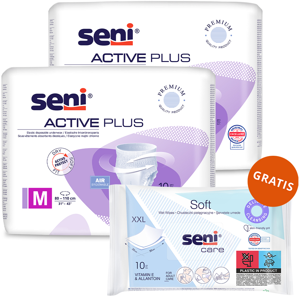 Zestaw Seni Active Plus, majtki chłonne, M, 80-110 cm, 3 x 10 sztuk + chusteczki nawilżane, pielęgnacyjne, XXL, 10 sztuk gratis