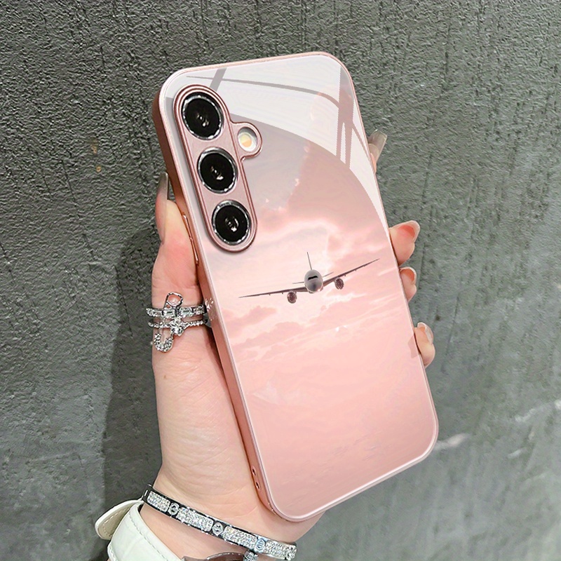 TEMU Etui na telefon - Różowe etui szklane z motywem samolotu