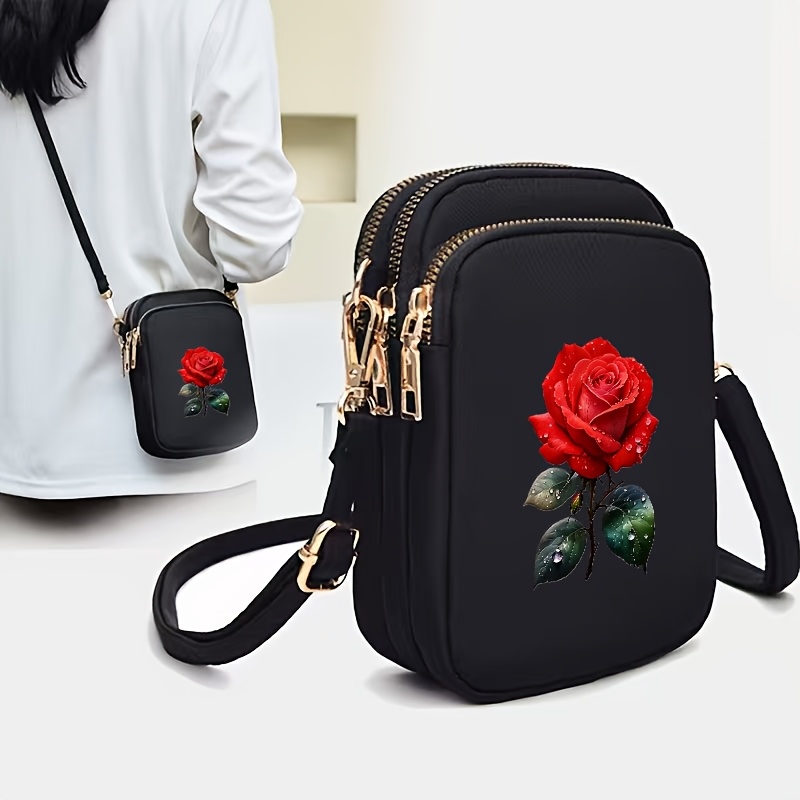 TEMU Bioniczna Torba Krzyżowa z Nadrukiem Róży, Mini Torba na Ramię z Wieloma Kieszeniami i Etui na Telefon, Wielofunkcyjny Organizer na Monety z