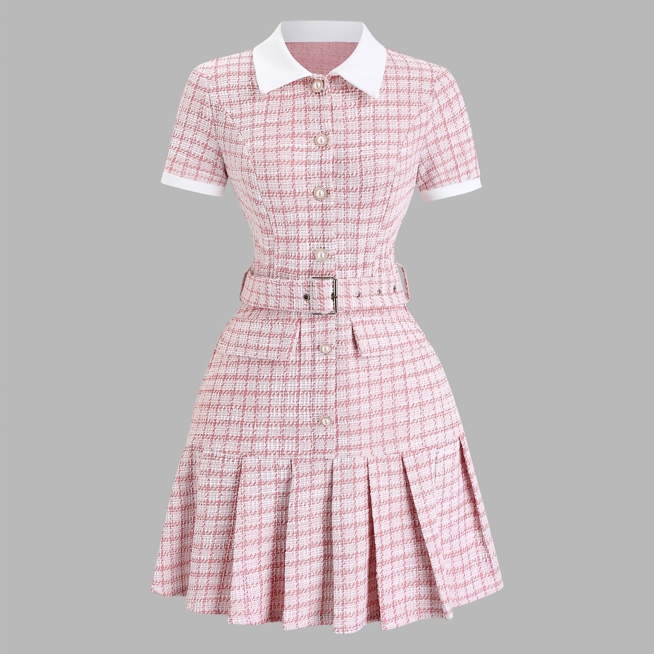 TEMU Sukienka z krótkim rękawem o przezroczystym wzorze w kratę w stylu vintage francuskim, łączona z nadrukiem szachownicy w stylu retro. Idealna do