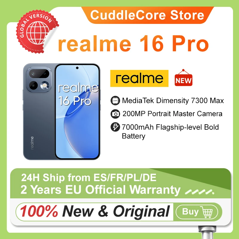 Smartfon Realme 16 pro 5G w wersji europejskiej, ekran 144 Hz, procesor MediaTek Dimensity, aparat 200 MP, bateria 6500 mAh, ładowanie 45 W. 8GB+256GB Orchid Purple