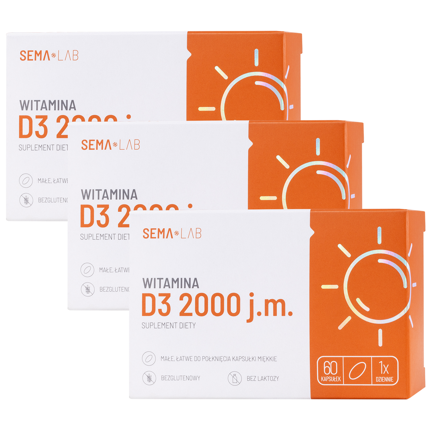 Zestaw SEMA Lab Witamina D3 2000 j.m., 3 x 60 kapsułek miękkich