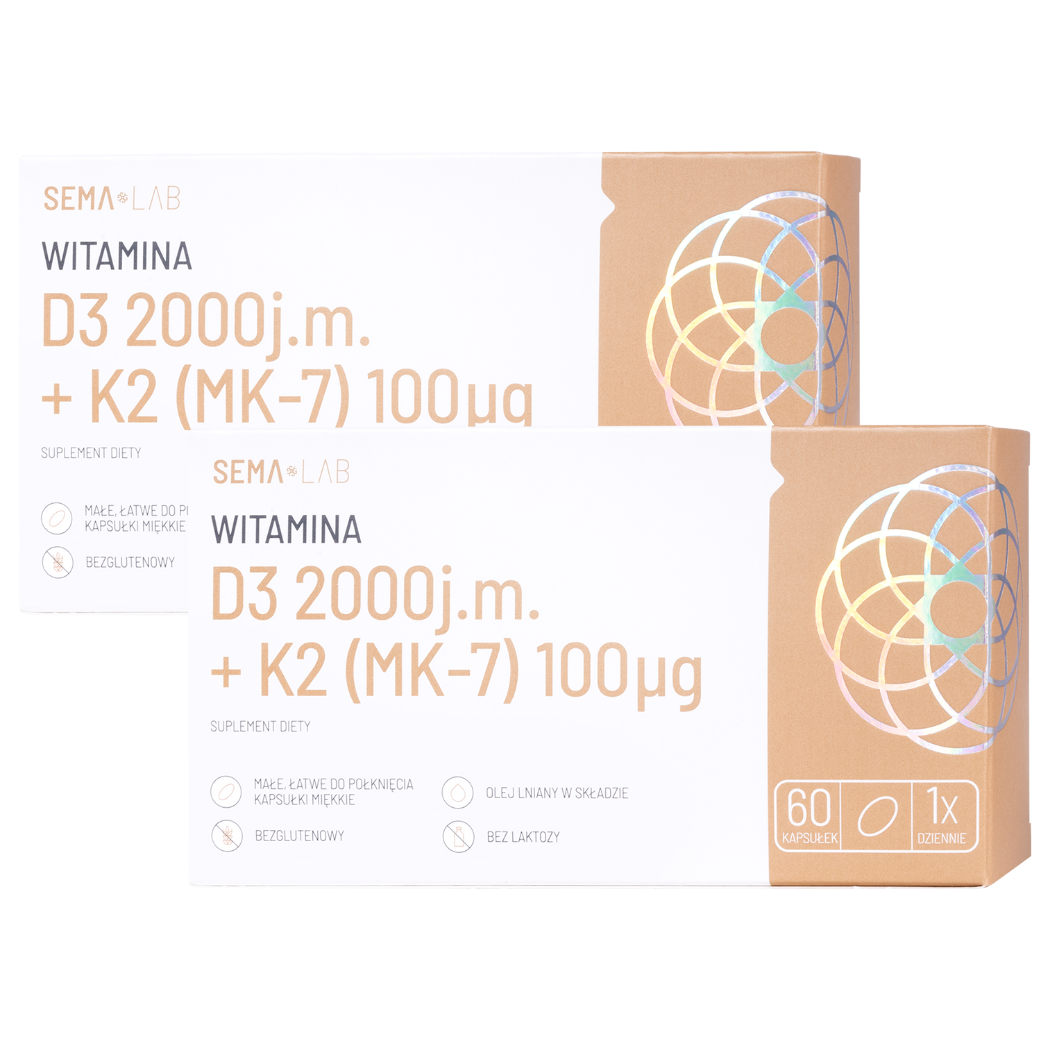 Zestaw SEMA Lab Witamina D3 2000 j.m + K2 (MK-7) 100 µg, 2 x 60 kapsułek miękkich