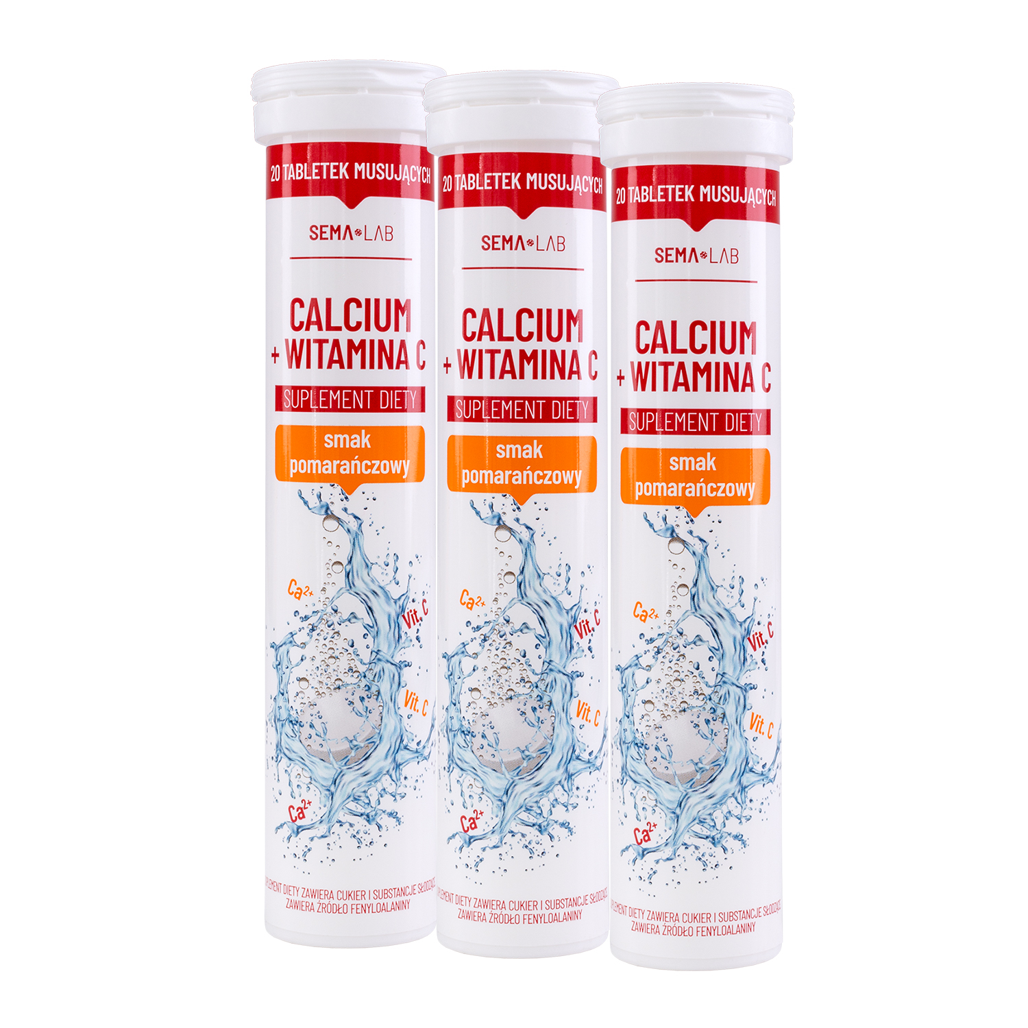 Zestaw SEMA Lab Calcium + Witamina C, smak pomarańczowy, 3 x 20 tabletek musujących