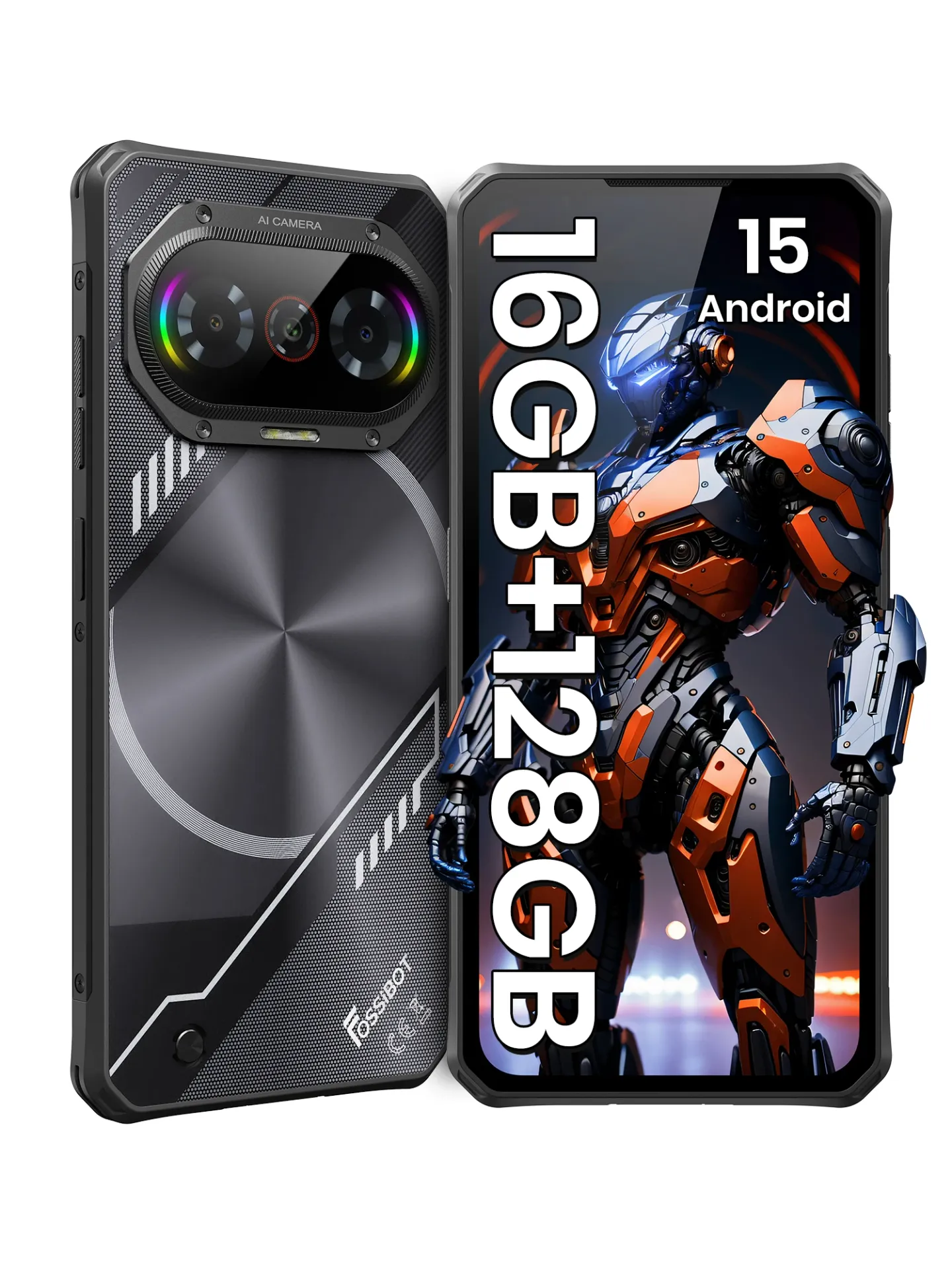 Fossibot F114 Android 15 Ultracienki, Wytrzymały Telefon 16GB(4+12) 128GB Aparat 50MP+8MP+2MP Bateria 5000mAh Ładowanie 18W Wyświetlacz 6.67''HD+ Smartphone czarny