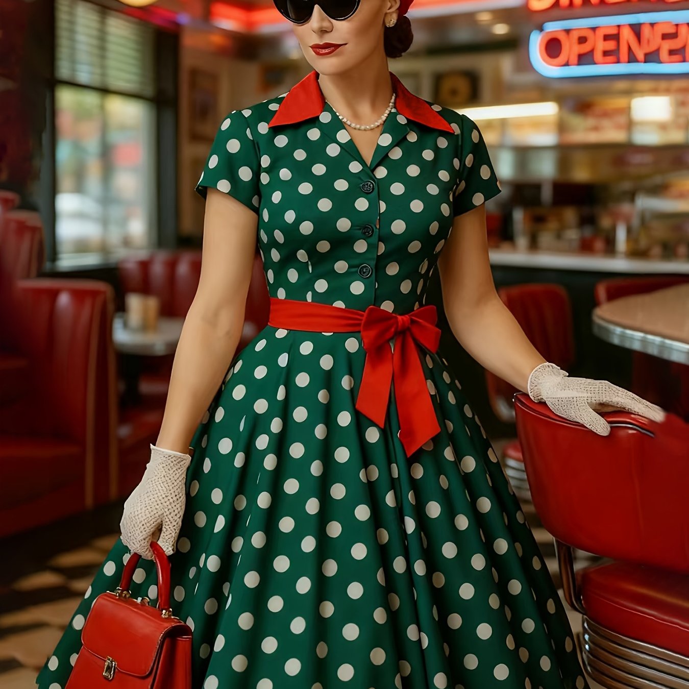 TEMU Elegancka Suknia Wieczorowa w Kropki w Stylu Vintage z Lat 50-tych dla Kobiet na Walentynki, Przyjęcia, Spotkania i Randki z Paskiem