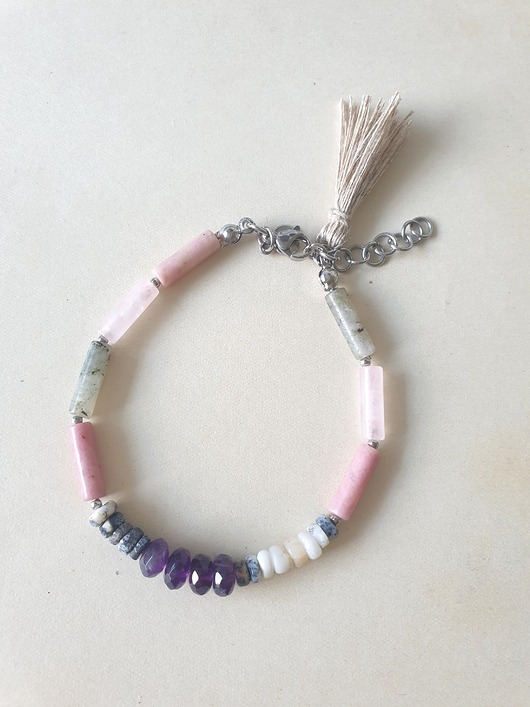 Bransoletka patyczki opal, rodonit, labradoryt, kwarc różowy, ametyst