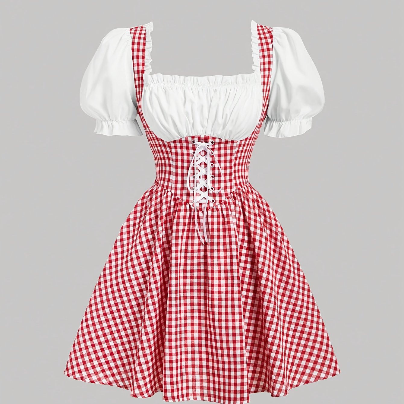 TEMU Sukienka damska w stylu retro, w kratę, z naszywkami, z paskiem, kokardą, słodka, urocza, JK, romantyczna, elegancka, na randkę, z bufiastymi