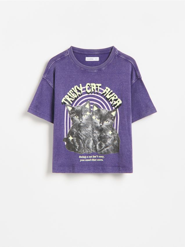Reserved - T-shirt ze świecącym nadrukiem - ciemnofioletowy