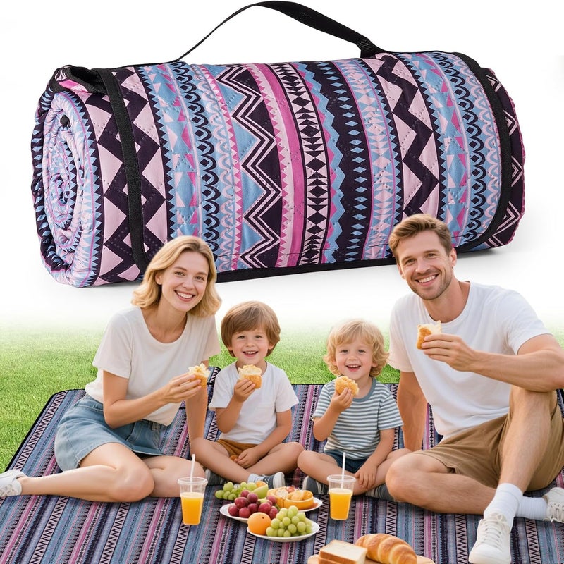 Koc piknikowy, mata plażowa 200 x 200 cm, bardzo duża mata plażowa w stylu boho, wodoodporna i odporna na piasek, składana, na kemping i pikniki.