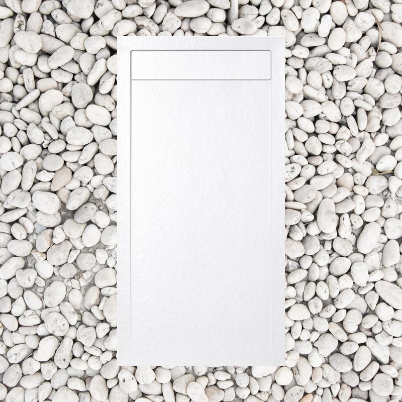 Brodzik prysznicowy, 70×175 cm, Vulcano Line Slim, biały, z marmurową kratką odpływową, żywica i marmur, odpływ w zestawie – FRASCIO