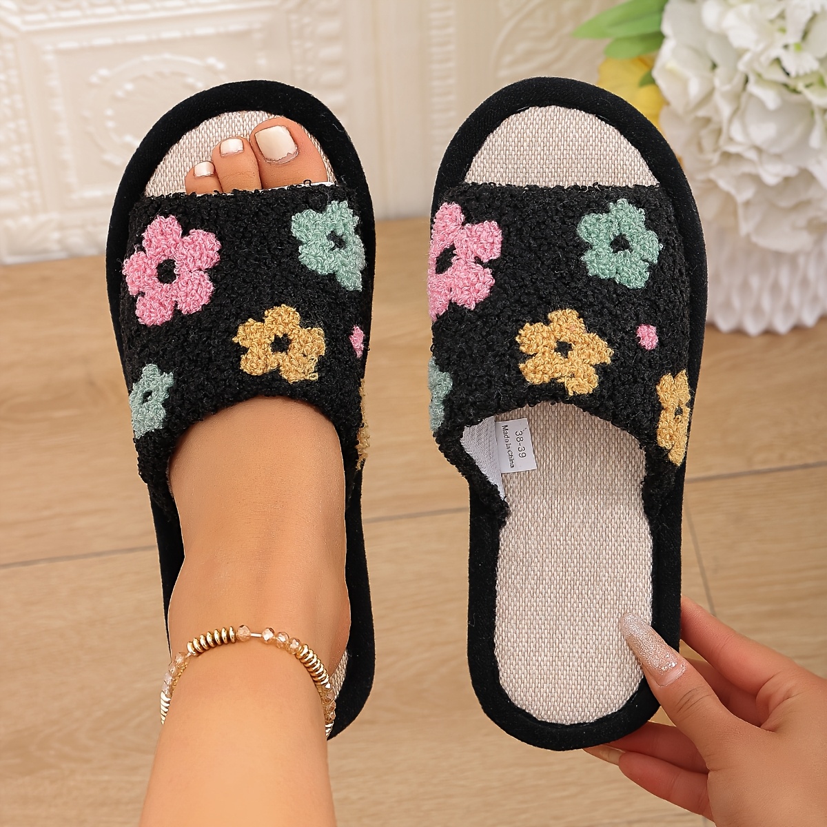 TEMU Żywe, wygodne kapcie domowe w kwiaty, buty damskie