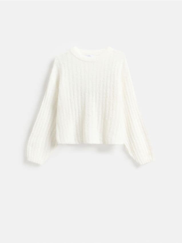 Reserved - Sweter z bufiastymi rękawami - złamana biel