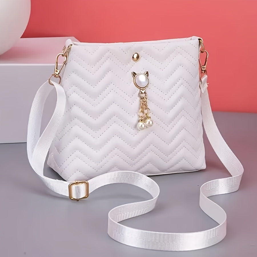 TEMU Koreańska Moda 2026 Falista Pasiasta Pikowana Torba z Perłowym Wisiorkiem Kociego, Łatwa Damska Torba Crossbody na Ramię