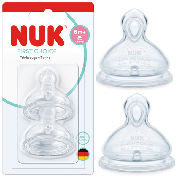 NUK First Choice, silikonowy smoczek do butelki, Flow Control, od 6 miesiąca, 2 sztuki