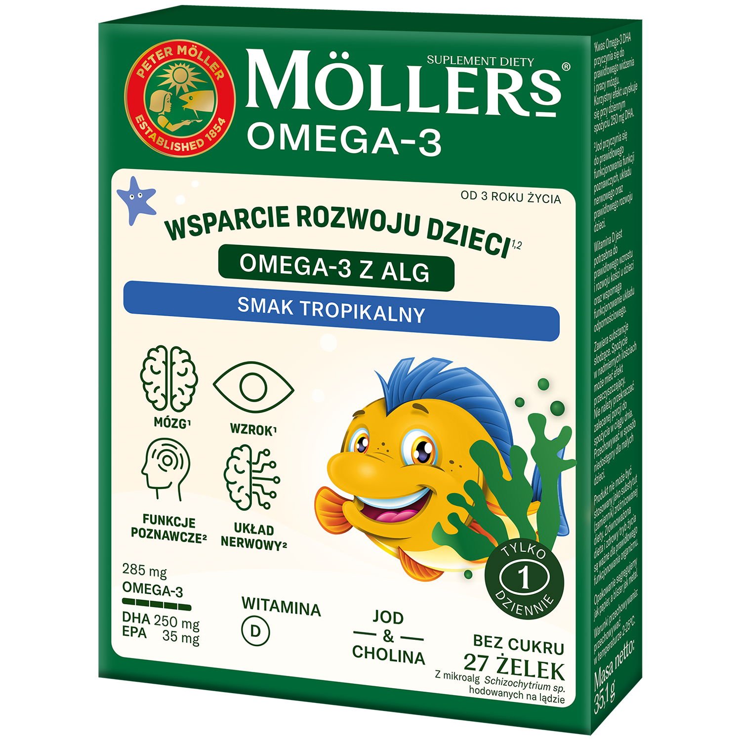 Moller's Omega 3 Algi Rybki, żelki, smak tropikalny, bez cukru, od 3 lat, 27 sztuk