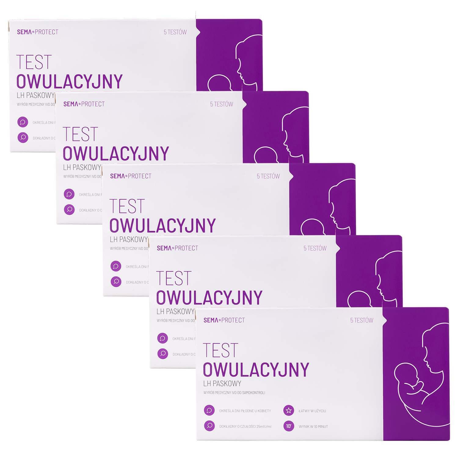 Zestaw SEMA Protect, test owulacyjny LH paskowy, czuły 25 mIU/ml, 5 x 5 sztuk