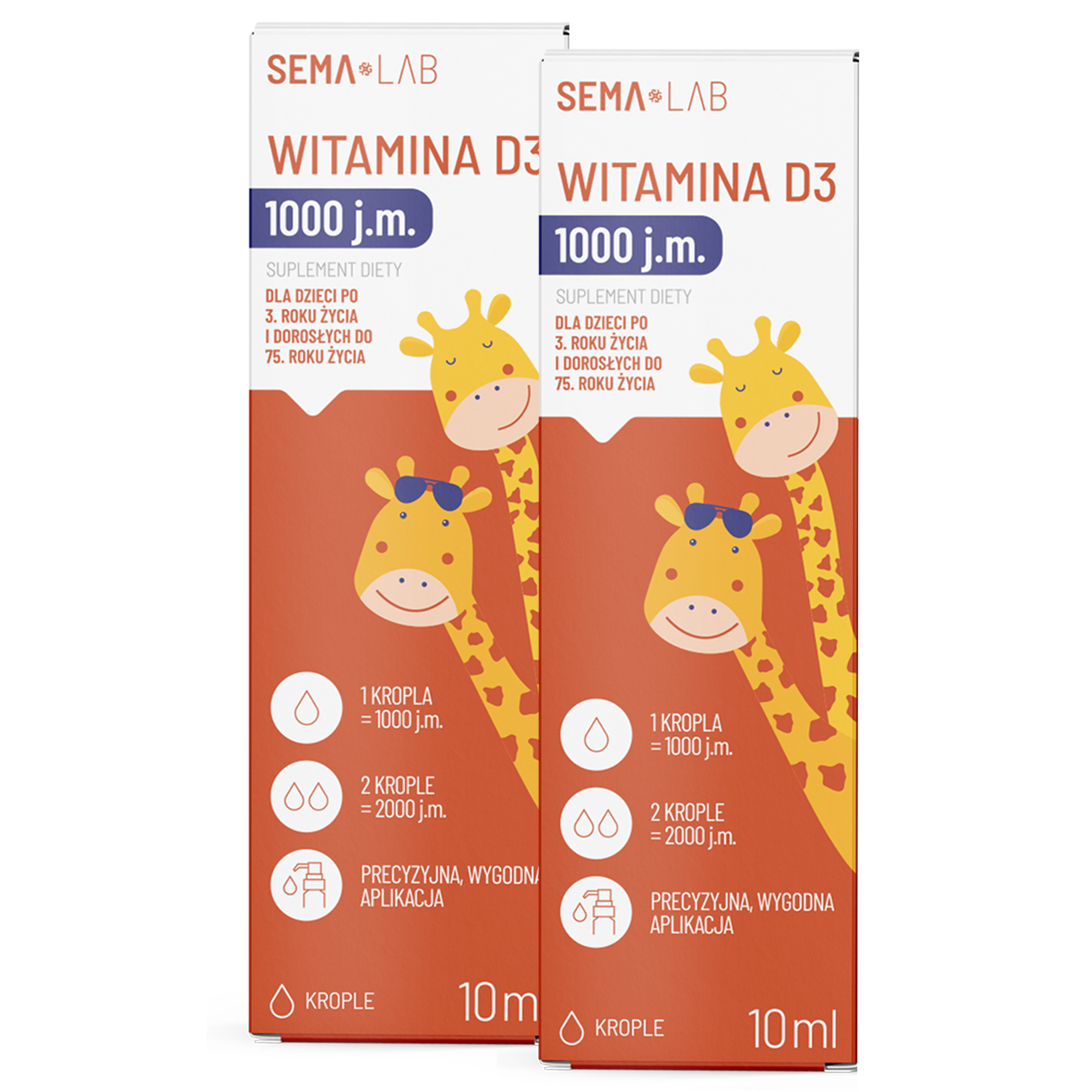 Zestaw SEMA Lab Witamina D3 1000 j.m., krople, dla dzieci od 3 lat i dorosłych, 2 x 10 ml