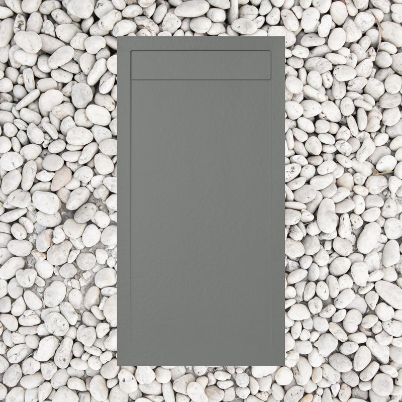 Brodzik prysznicowy, 80×135 cm, Vulcano Line Slim, szary RAL 7037, z marmurową kratką odpływową, żywica i marmur, odpływ w zestawie – FRASCIO