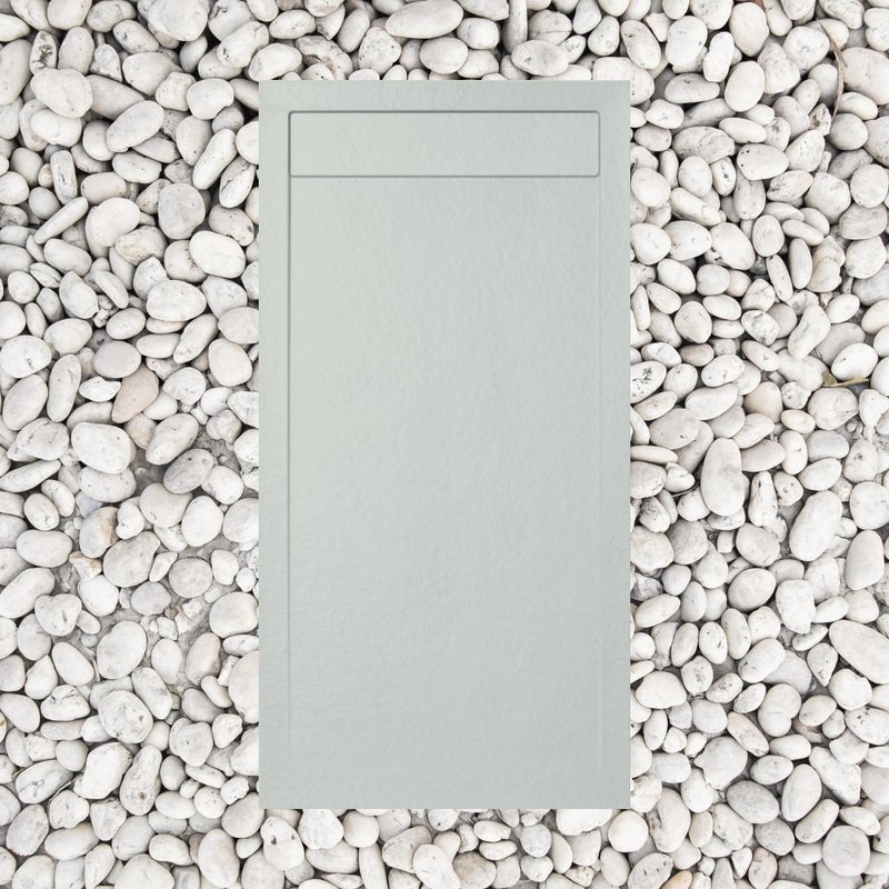 Brodzik prysznicowy, 70×140 cm, Vulcano Line Slim, perłowoszary RAL 7035, z marmurową kratką odpływową, żywica i marmur, odpływ w zestawie – FRASCIO