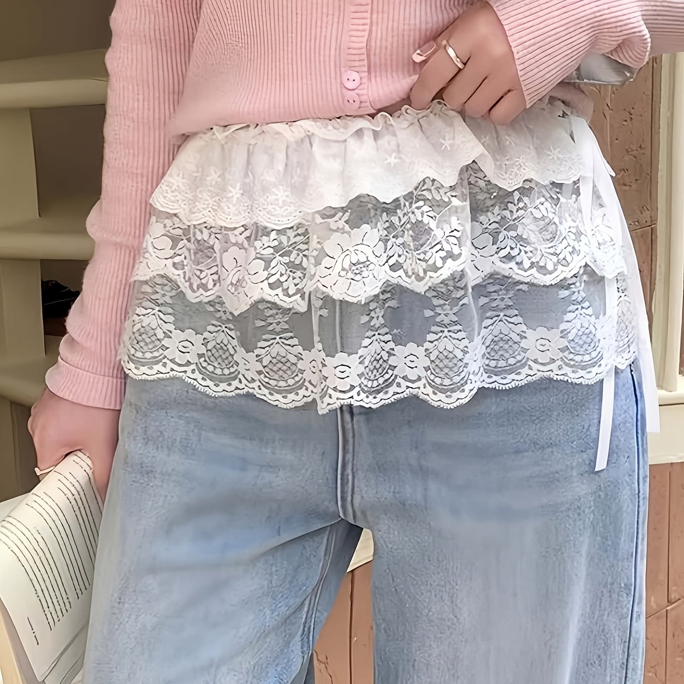 TEMU Stylowa spódnica damska z elegancką koronką i warstwowymi falbankami, zaprojektowana w wielopoziomowym stylu 