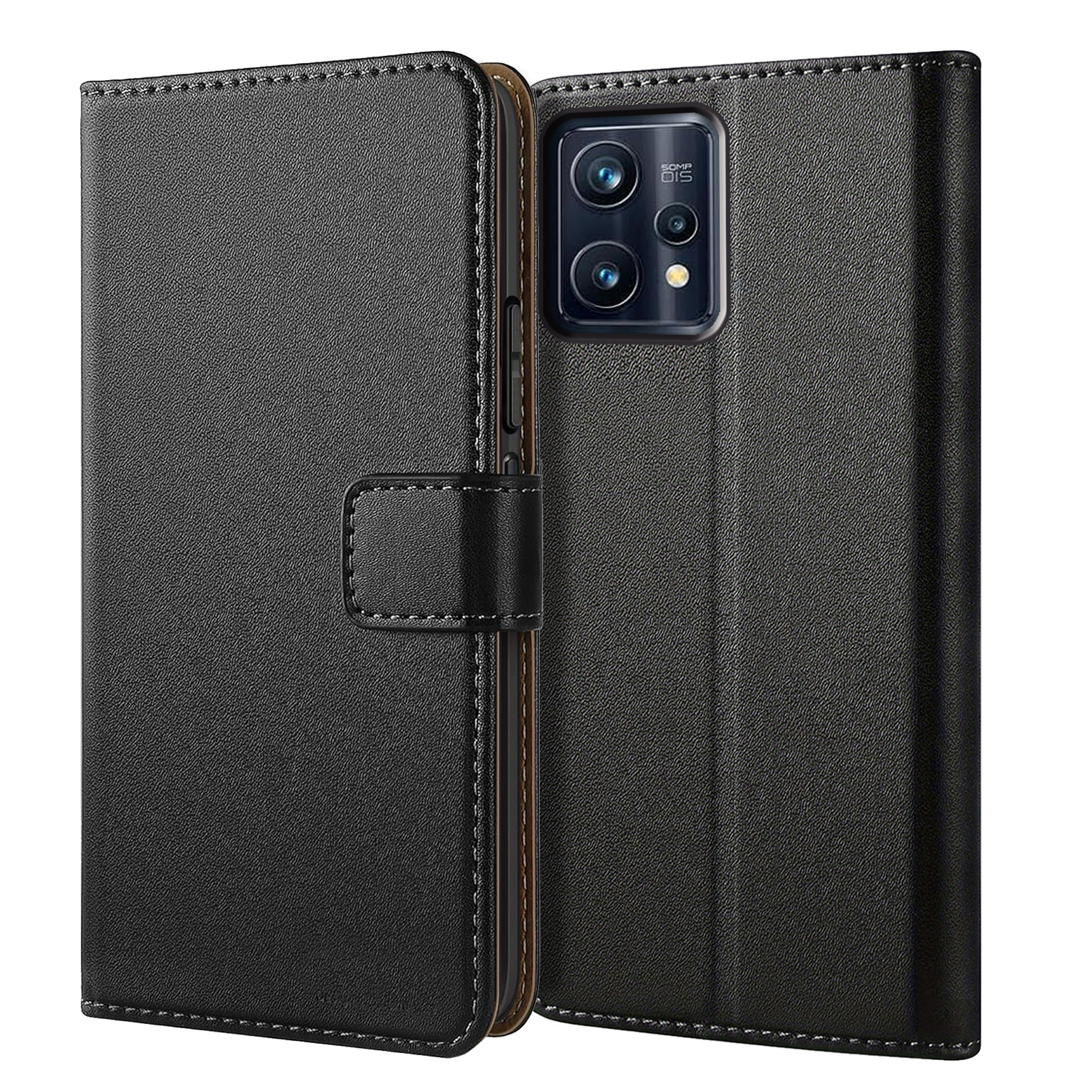 TEMU Etui na telefon: Etui portfelowe dla Realme 9 / Realme 9 Pro+ / 9 Pro Plus z podstawką, czarna sztuczna skóra, slot na karty, flipowa ochronna