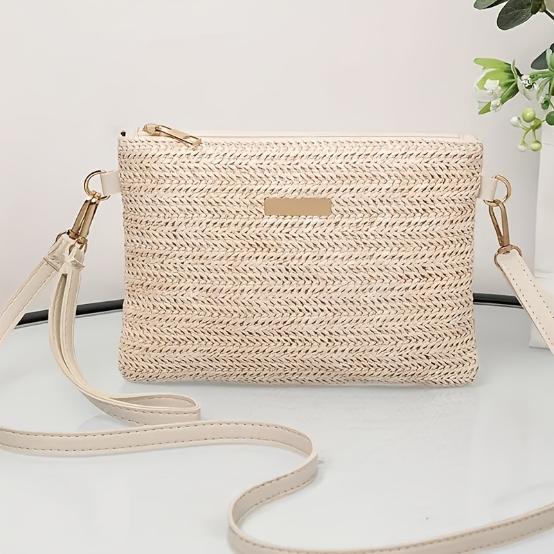 TEMU Damska torba crossbody, słomkowa kosmetyczka plażowa, cekinowa kosmetyczka w jednolitym kolorze, codzienna damska torba na wakacje