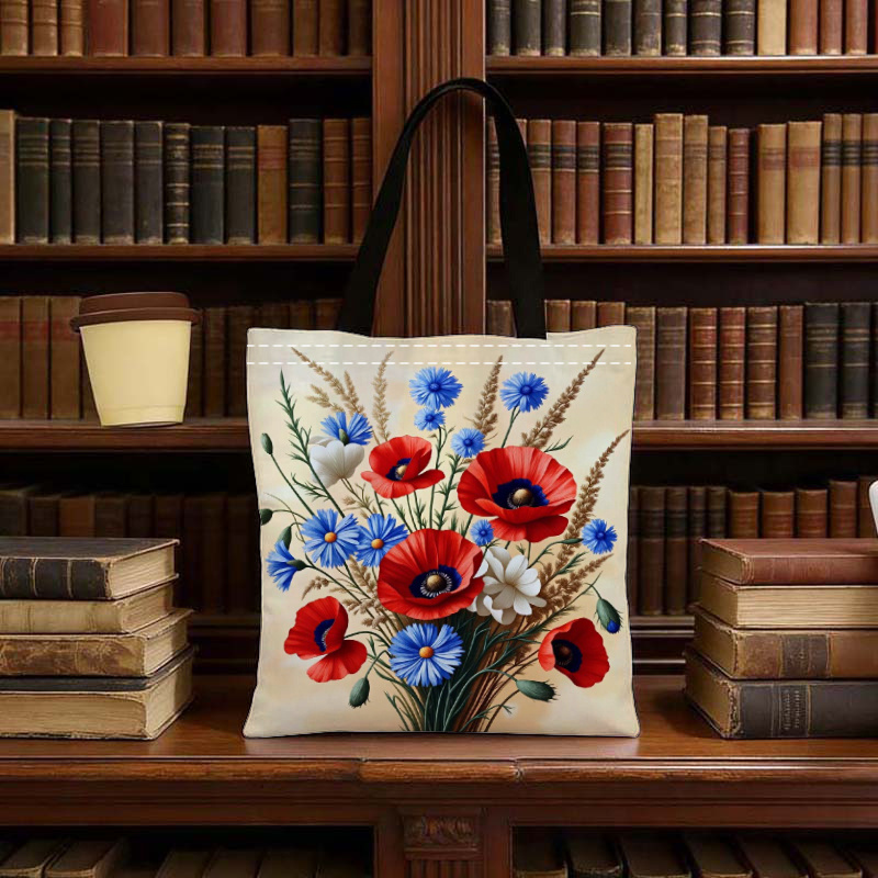 TEMU 1 szt. Torba typu tote w stylu vintage z nadrukiem makówki i stokrotki, o dużej pojemności, lekka i wytrzymała, wielokrotnego użytku, średniej