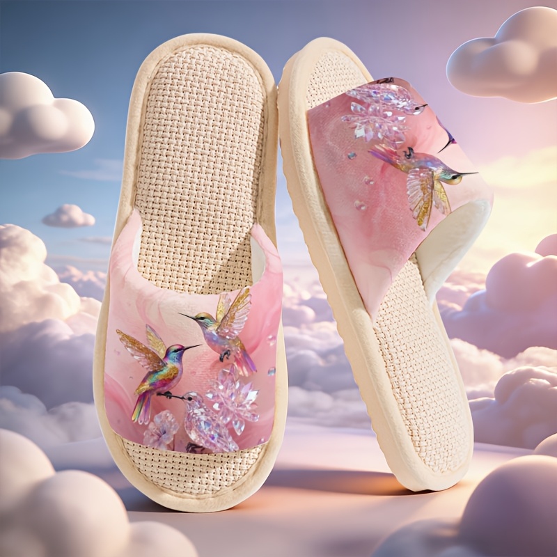 TEMU Jesienne, Zimowe i Letnie Klapki z Odkrytymi Palcami Unisex Hummingbird Crystal Print Domowe Kapcie Artystyczne Wygodne Kapcie, Buty Damskie