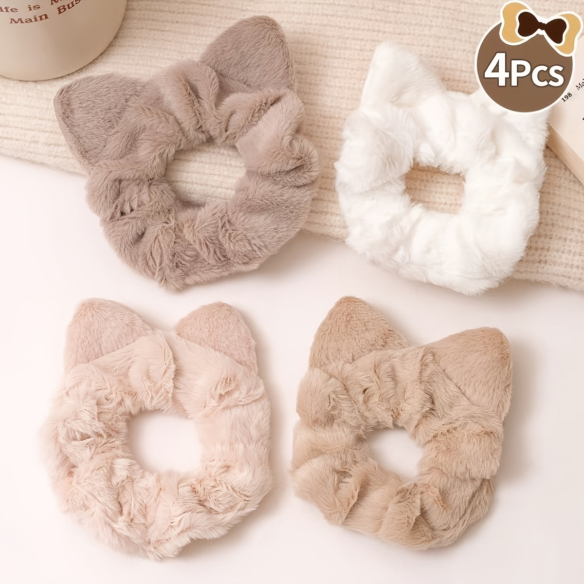TEMU Zestaw 4 szt. uroczych pluszowych gumek do włosów z uszkami, puszyste gumki do kucyka, spiralne scrunchie, gumki do włosów, damskie gumki do