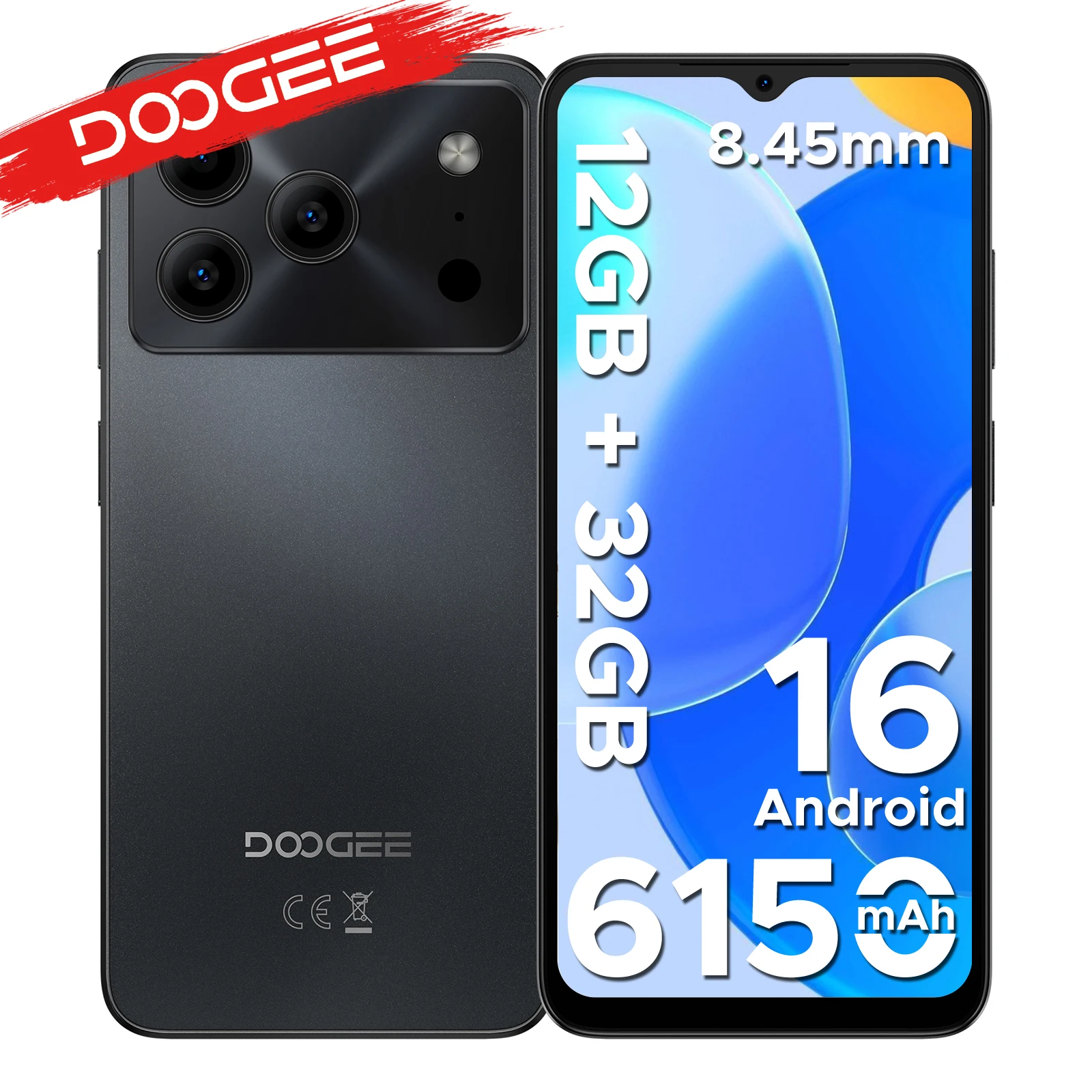 Smartfon DOOGEE NOTE56 Lite, system Android, bateria 6150 mAh, 12 GB pamięci RAM (3 + 9), 32 GB pamięci ROM, ekran 6,56 cala, rozdzielczość HD+, częstotliwość odświeżania 90 Hz, aparat główny 8 MP, 3GB 32GB Plain
