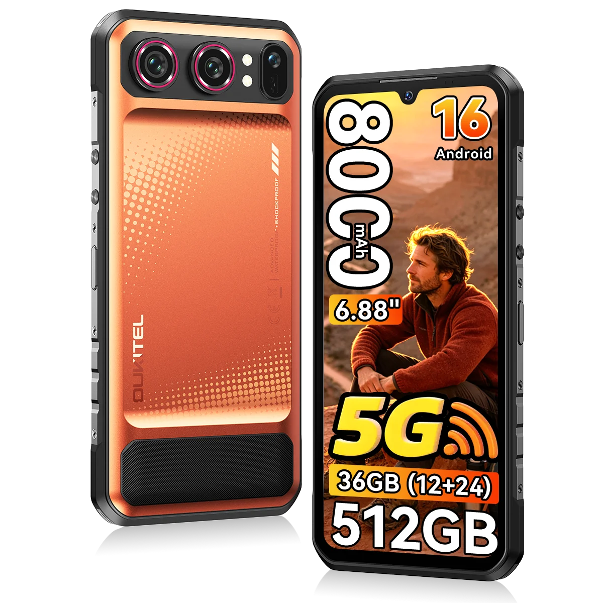 [Wysyłka z Polski] Wytrzymały smartfon 5G OUKITEL WP68 Air, 36 GB (12+24) RAM + 512 GB ROM, bateria 8000 mAh, szybkie ładowanie 45 W, 6,88-calowy ekran 120 Hz, procesor Dimensity 7025, Android 16.0, czarny