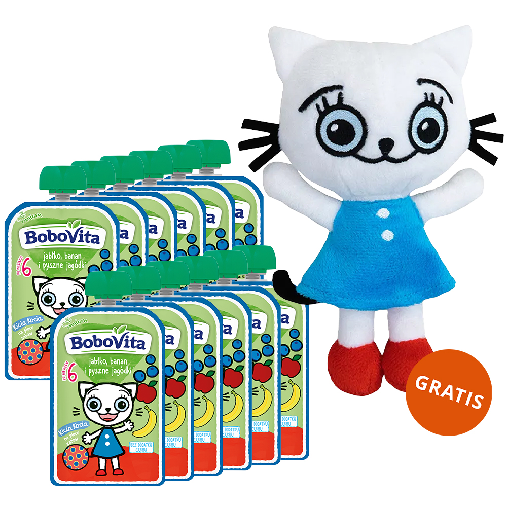 Zestaw BoboVita Kicia Kocia Mus w tubce, jagody, jabłko, banan, 12 x 100 g + maskotka gratis