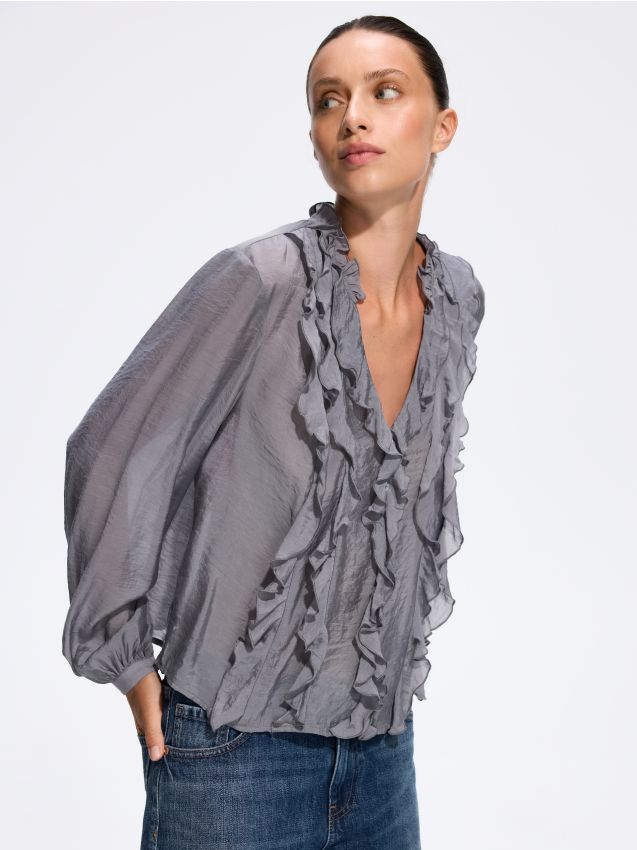 Reserved - Bluzka z falbanami - jasnoszary
