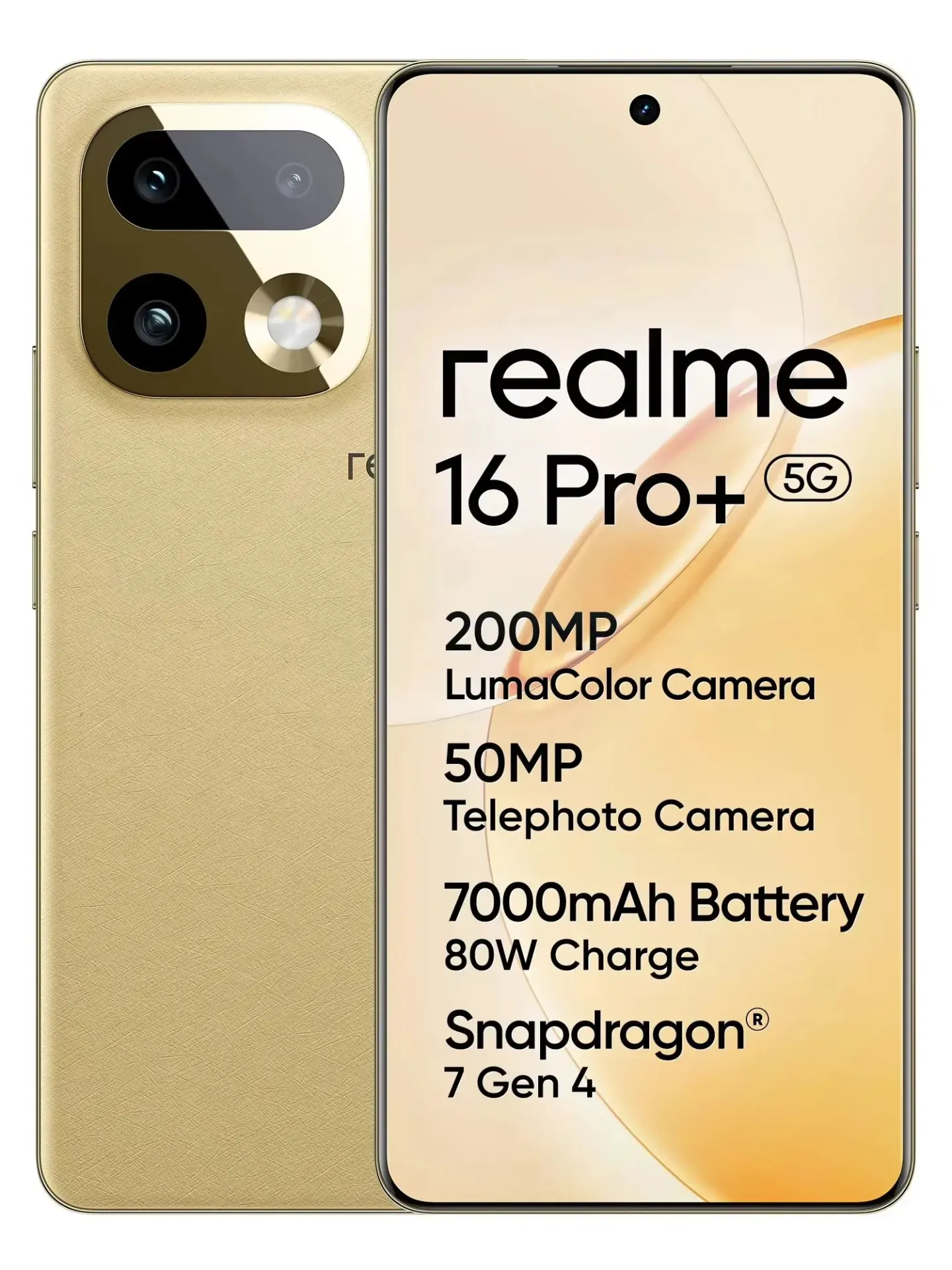 Smartfon realme 16 Pro Plus 5G 2026 Nowy Snapdragon 7 Gen 4 Kamera 200MP Ekran AMOLED 6.8'' 144Hz Zakrzywiony Ekran Bateria 7000mAh NFC Gold