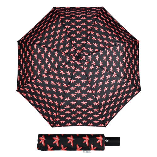 Parasol Damski Składany Czarny w Kwiaty Czerwone Automatyczny z Pokrowcem
