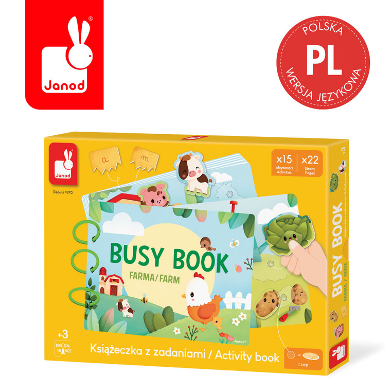 Janod Książeczka z zadaniami Busy Book Farma 3+ (wersja polska)