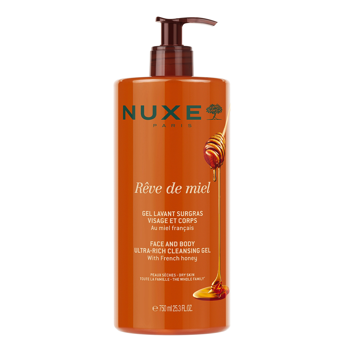 Nuxe Reve de Miel, ultrabogaty żel do mycia twarzy i ciała z miodem, 750 ml