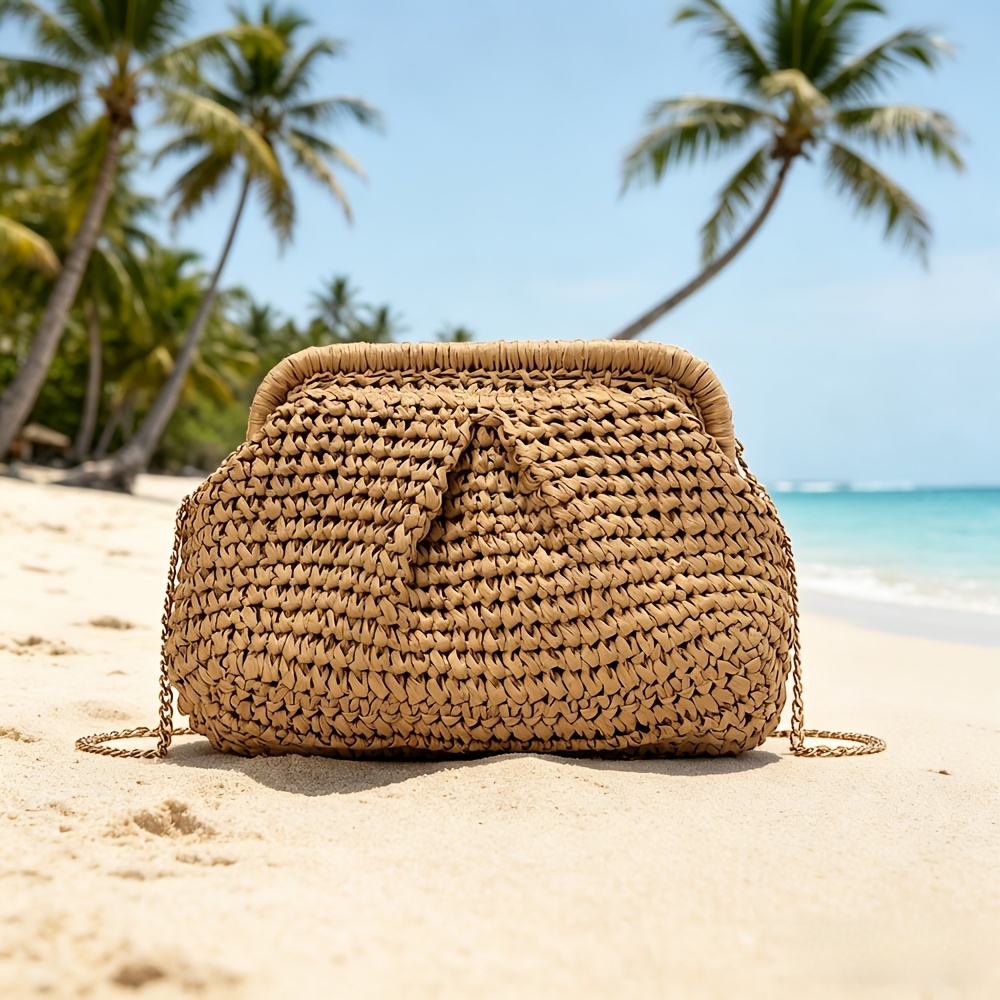 TEMU Ręcznie Torba Crossbody, Modna Torba ze Słomy w Kształcie Muszli, Torba Chmurka do Ręki, Torba Plażowa na Wakacje, Torba z Łatwym Łańcuchem,