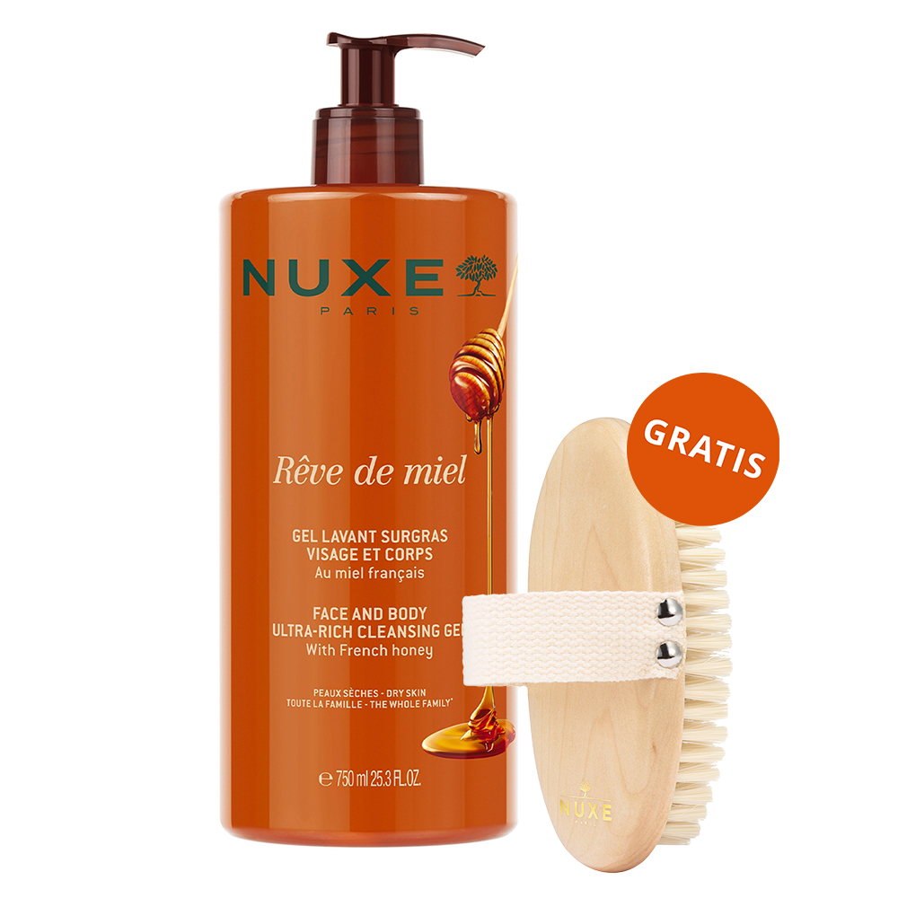 Nuxe Reve de Miel, ultrabogaty żel do mycia twarzy i ciała z miodem, 750 ml + szczotka do ciała gratis