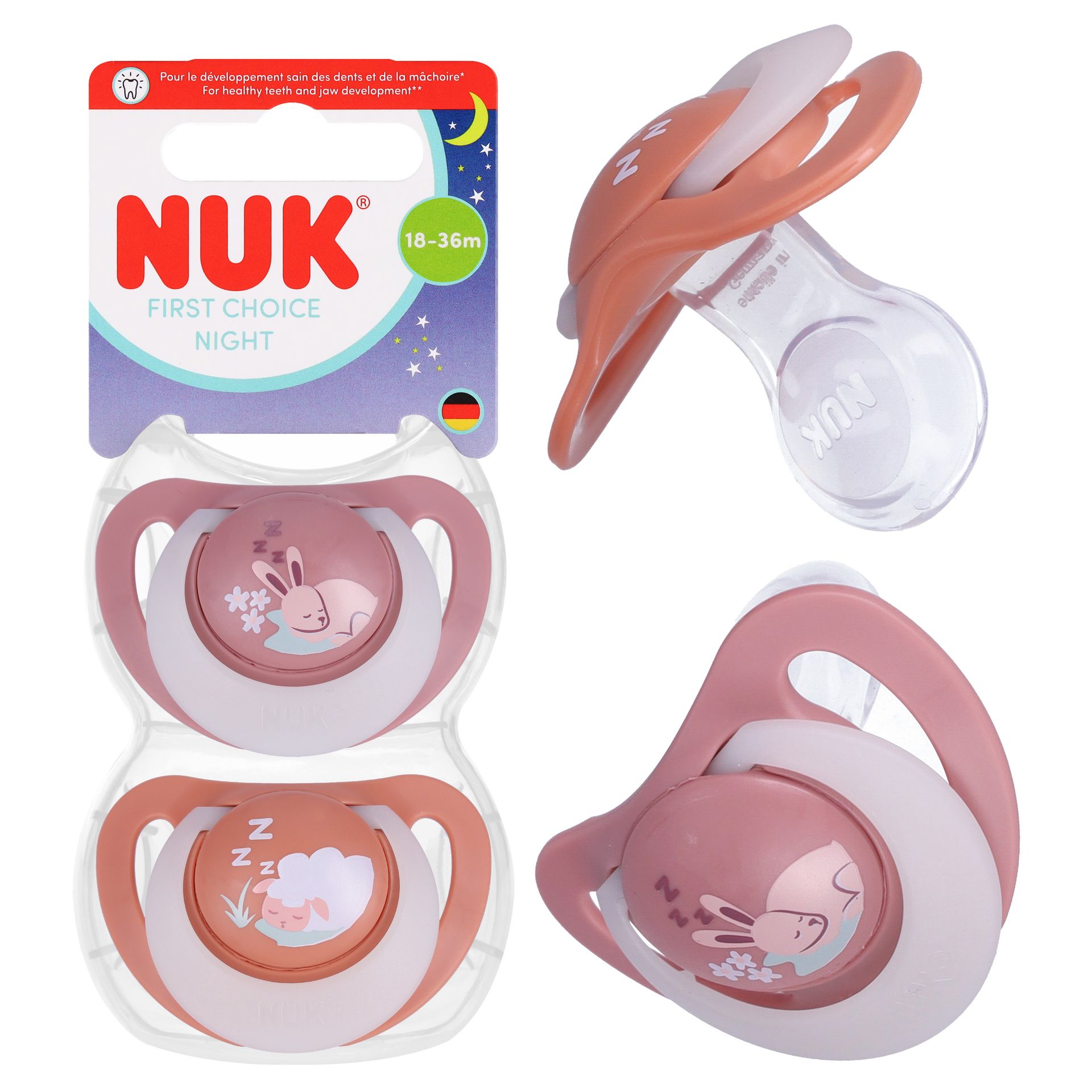 NUK First Choice Night, smoczek uspokajający, świecący w ciemności, 18-36 miesięcy, silikonowy, anatomiczny, Królik i Owca, 2 sztuki